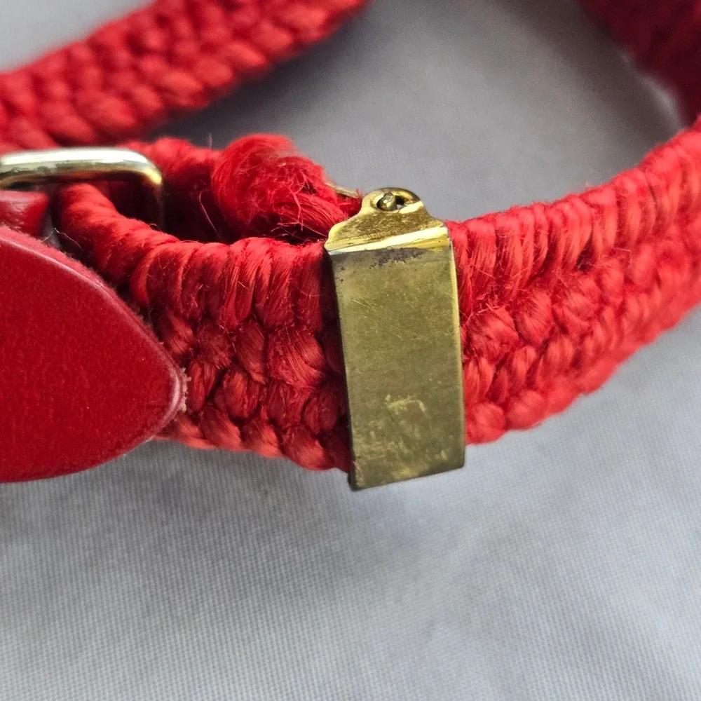 Vintage Red Woven Stretchy Braided Belt Gold Tone Buckle Leather Trim 34